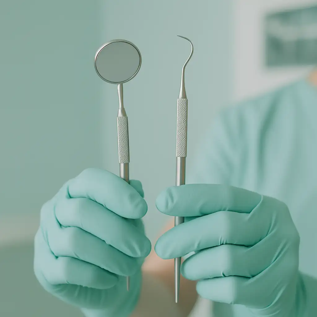 Close-up of a dental mirror and probe in gloved hands